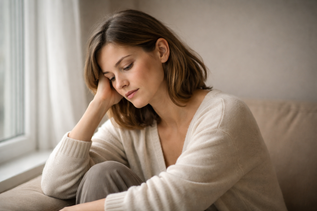 Femme pensive en intérieur lumière douce trouble dysphorique prémenstruel TDPM symptômes émotionnels cycle féminin