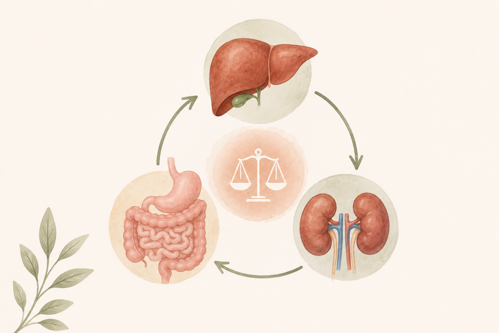 llustration minimaliste représentant les liens entre le foie, le système digestif et les reins dans l’équilibre hormonal et énergétique du corps.